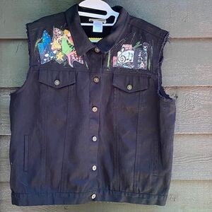 Jane Elissa unique cut off sleeves Patch vest black denim jacket size xl
